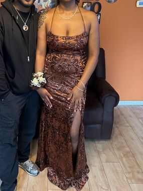 Sequined Brown Halter Evening Gown